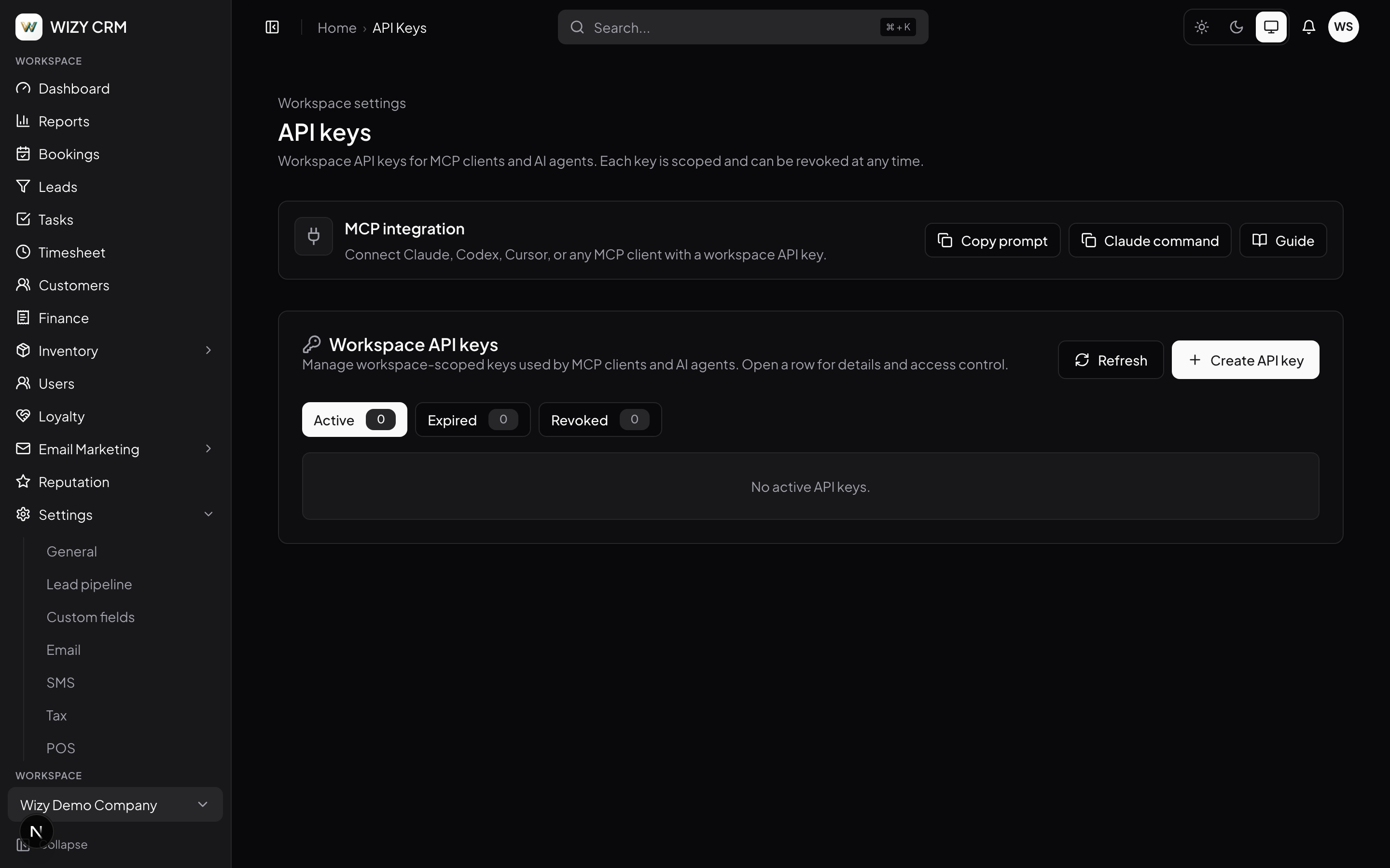 Wizy CRM MCP integration and workspace API keys