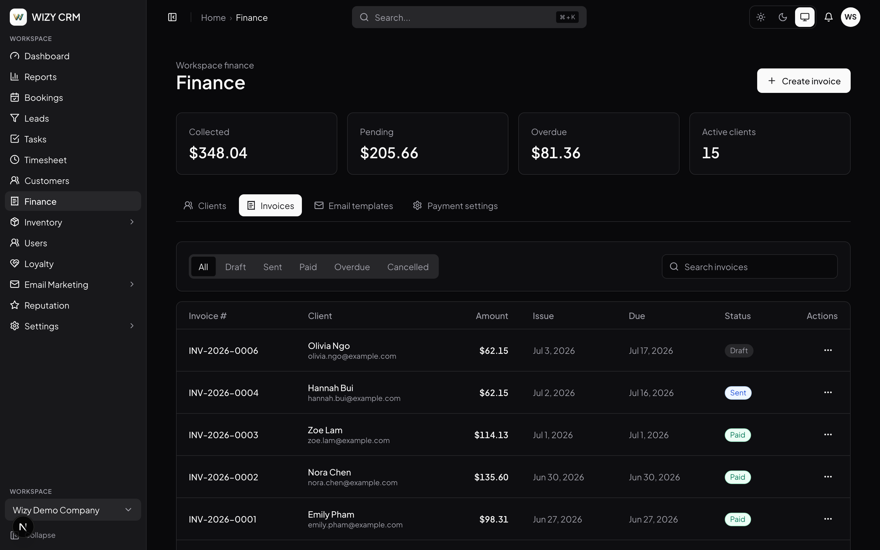 Finance invoices and payments in Wizy CRM