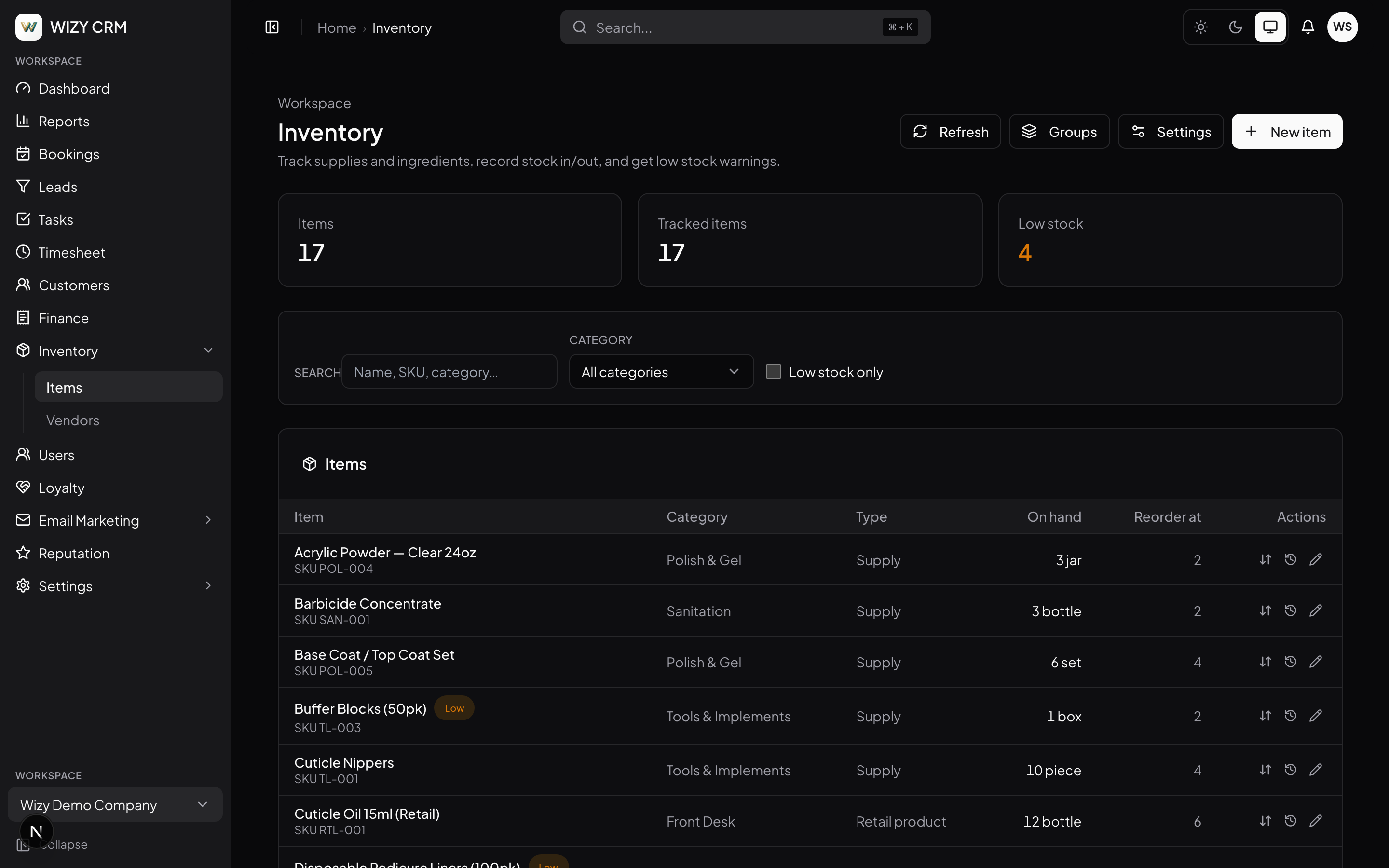 Inventory items and stock levels in Wizy CRM